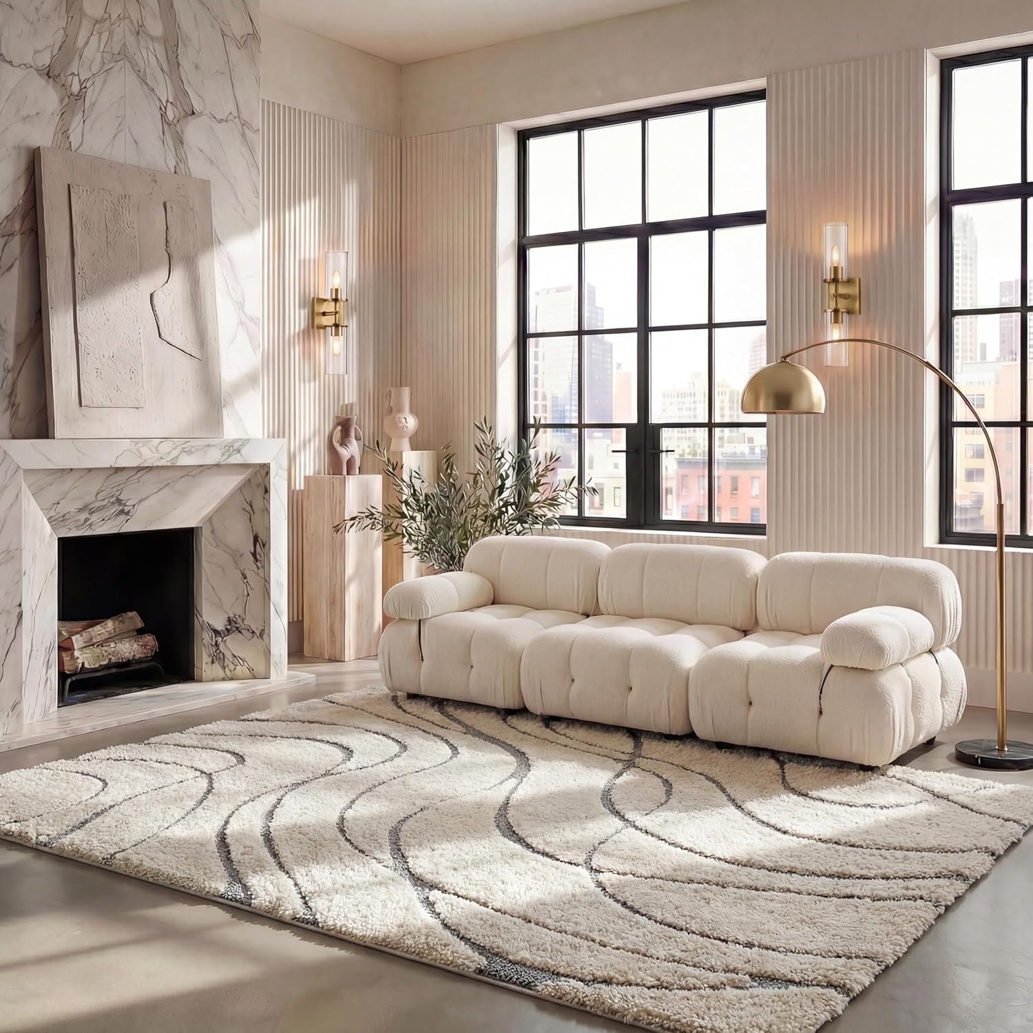 SAFAVIEH Florida Shag Collection Area Rug - 8'6" x 12', Cream & Grey, Non-Shedding & Easy Care, 1.2-inch Thick Ideal for High Traffic Areas in Living Room, Bedroom (SG471-1180)