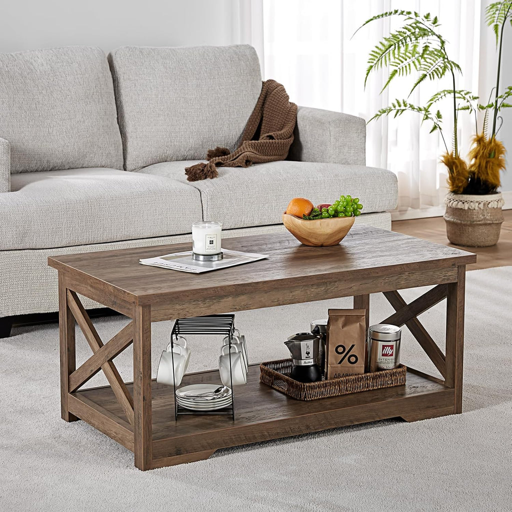AMERLIFE 3-Piece Farmhouse Table Set Includes Coffee Table& Two End Tables, Side Table with Charging Station and USB Ports, for Living Room, Barnwood