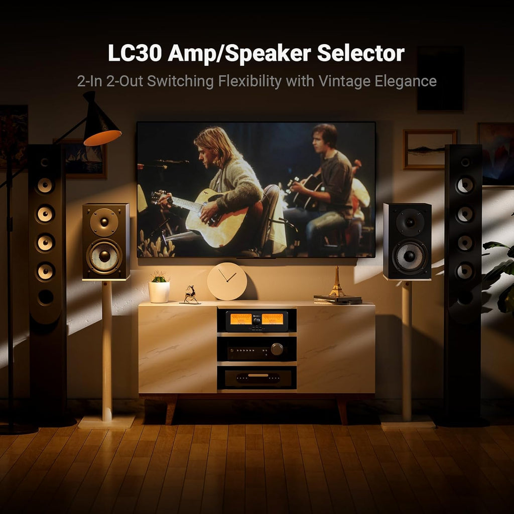 Fosi Audio LC30 VU Meter Amplifier Speaker Selector Switch Box Audio Visualizer 2 in 2 Out Vintage Switcher for High Power Stereo Class A, B, AB, D, Tube Amps Home Audio Component with Remote Control