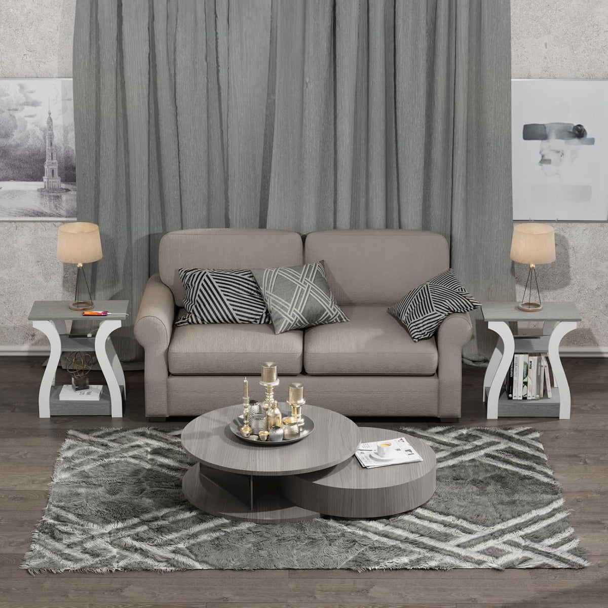 FROMJBEST End Tables Living Room Set of 2,Grey End Table with Charging Station,Grey Side Table, Nightstand for Bedroom, 3 Tier End Table with Storage Shelf for Living Room