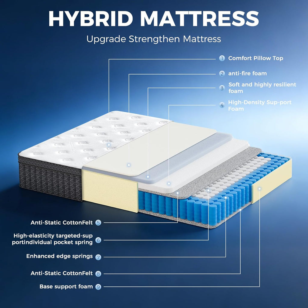 ailis Queen Mattress, 14 Inch Queen Hybrid Mattress in a Box, Medium Firm with Upgraded Pocket Springs for Superior Motion Isolation, Strong Edge Support & Breathable Comfort