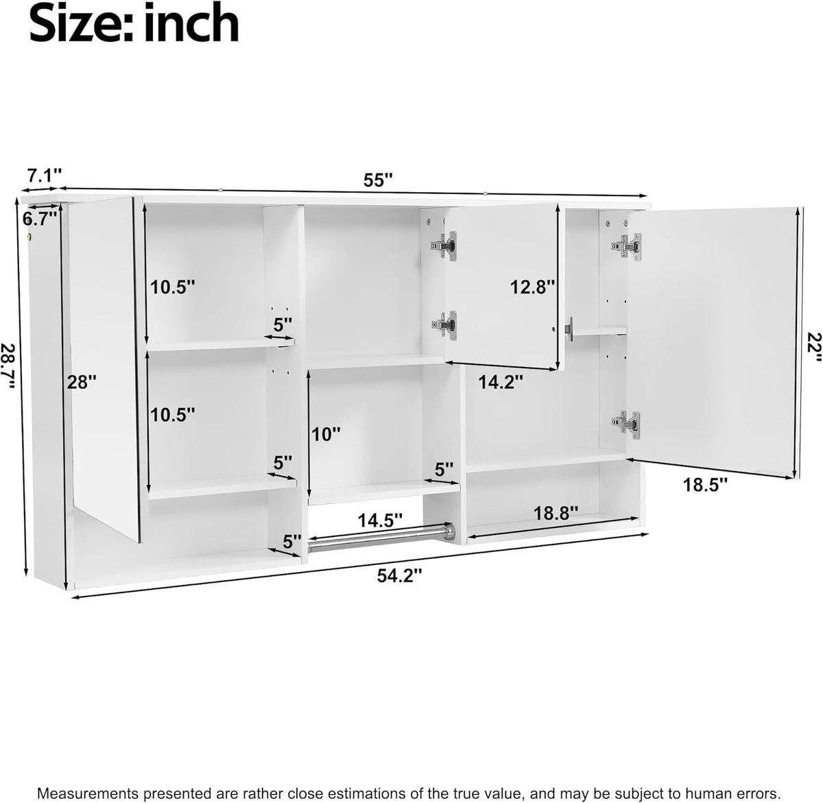 Merax Medicine Cabinet for Bathroom, Wall Mount Bathroom Cabinet with Mirror, Open Shelf, and Towel Bar, 55" W x 28.7" H Over The Toilet Mirrored Bath Wall Cabinet