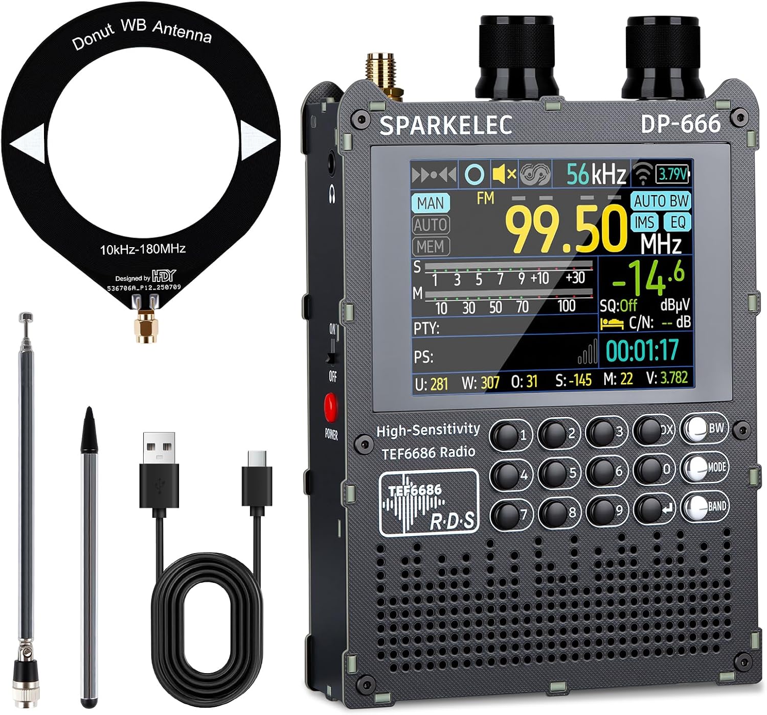 DP-666 TEF6686 Full Band Radio,AM LW/MW/SW/OIRT/FM High Sensitivity Shortwave Radios Receiver with RDS Data Shows,2.8-inch LCD Color Touch Screen,5000mAH Battery,Telescopic Antenna,Donut Antenna