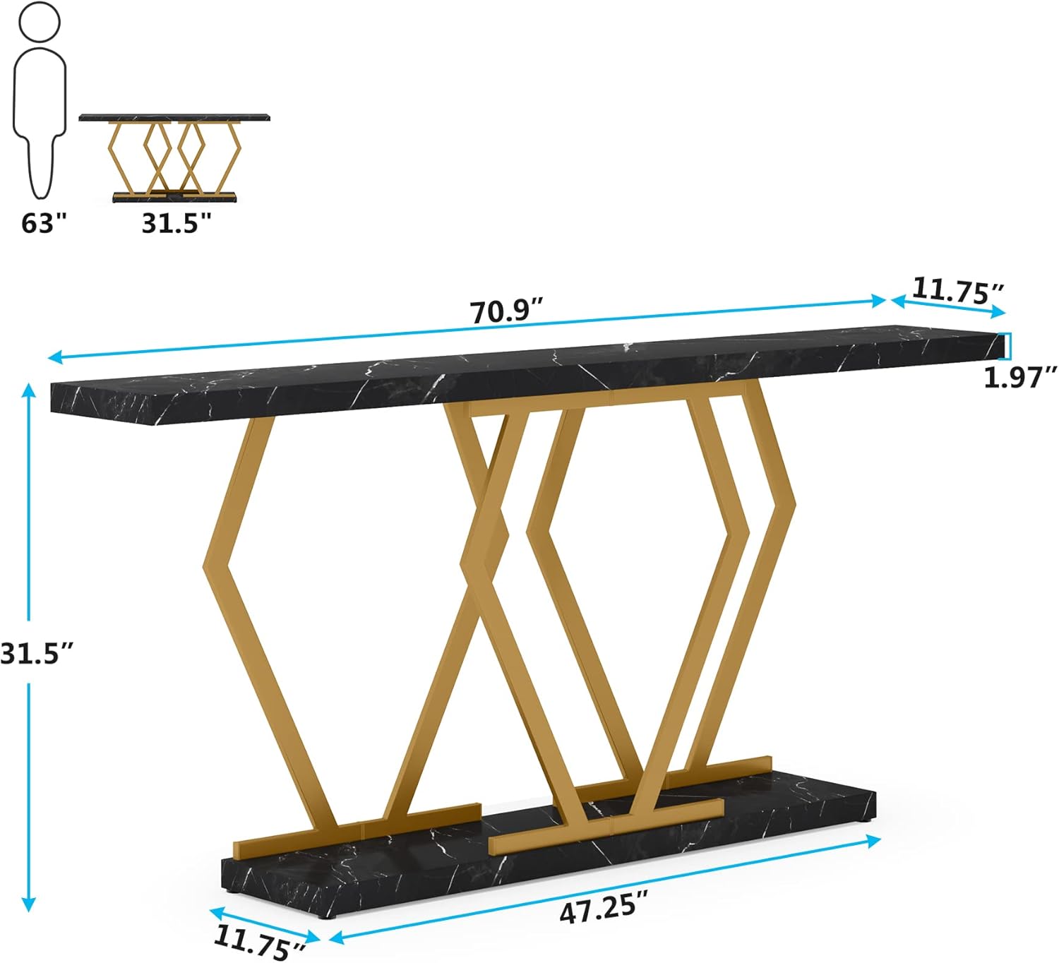 Tribesigns 70.9 Inch Extra Long Sofa Table .Black and Gold Console Table with Faux Marble Tabletop, Modern Long Entryway Table with Gold Frame
