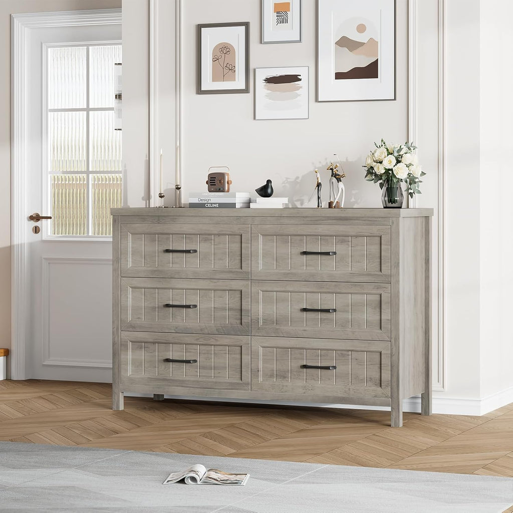 Jocoevol Farmhouse Grey 6 Drawer Dresser for Bedroom, Chest of Drawers - Large Double Dressers TV Stand with Deep Drawers Dressers for Hallway, Entryway - Gray