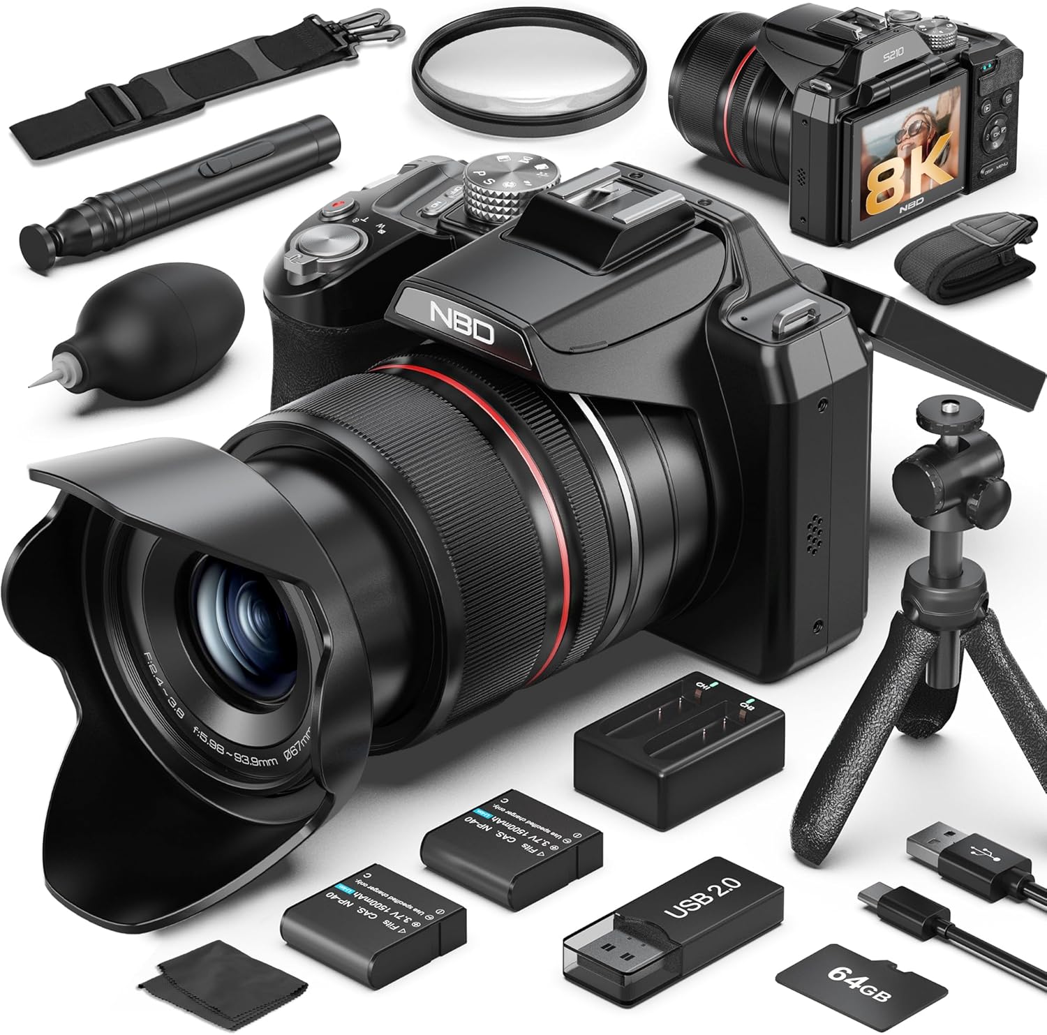 8K & 64MP Digital Camera for Photography, 48X Zoom (16X Optical + 3X Digital) with Moon Mode, 180° Flip Screen, WiFi, Micro HDMI, 64GB Card & 2 Batteries, Vlogging Camera for YouTub