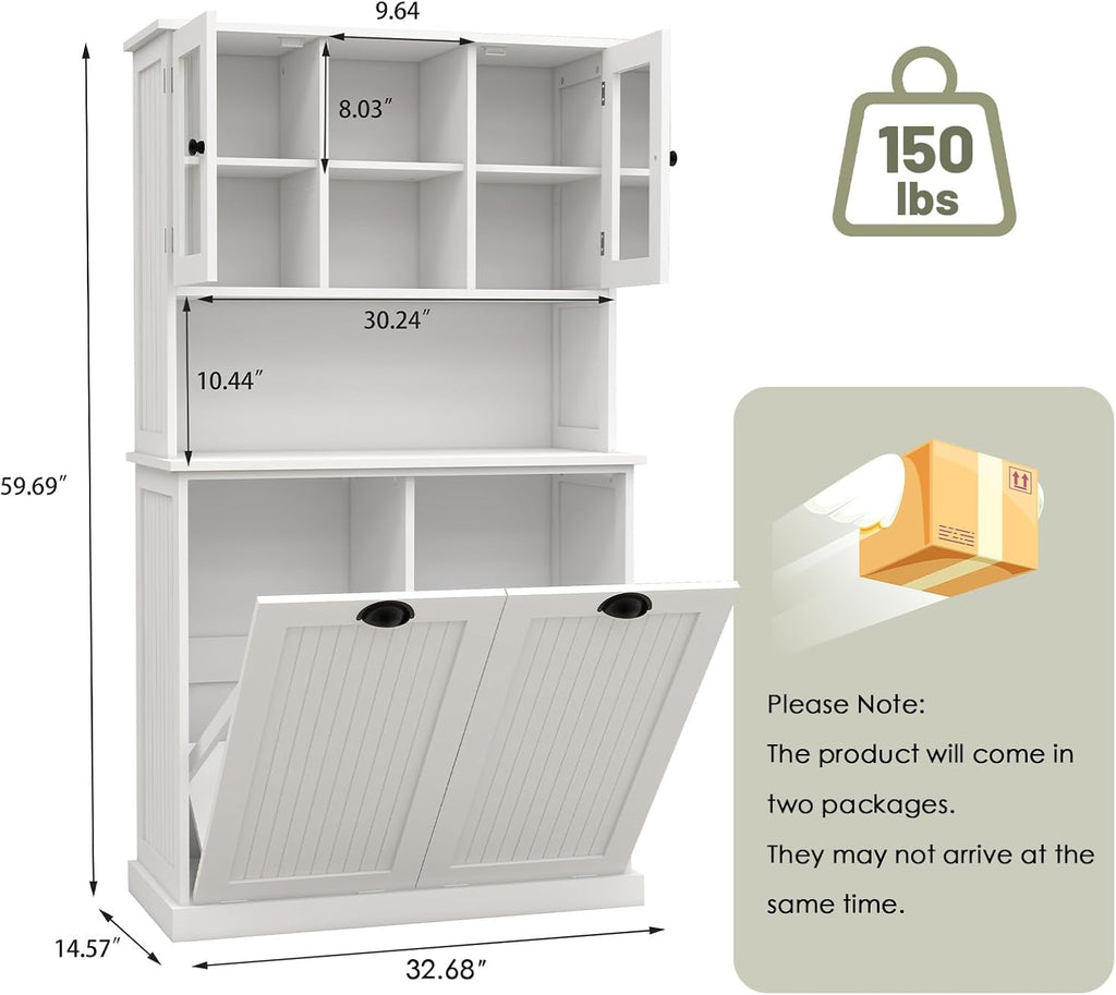 Tilt-Out Laundry Hamper Cabinet, 60-inch Tall Bathroom Cabinet with 2 Large Pull-Out Laundry Baskets, Glass Doors, and 2 Adjustable Shelves, Bathroom Organizer Cabinet for Laundry and Balcony, White