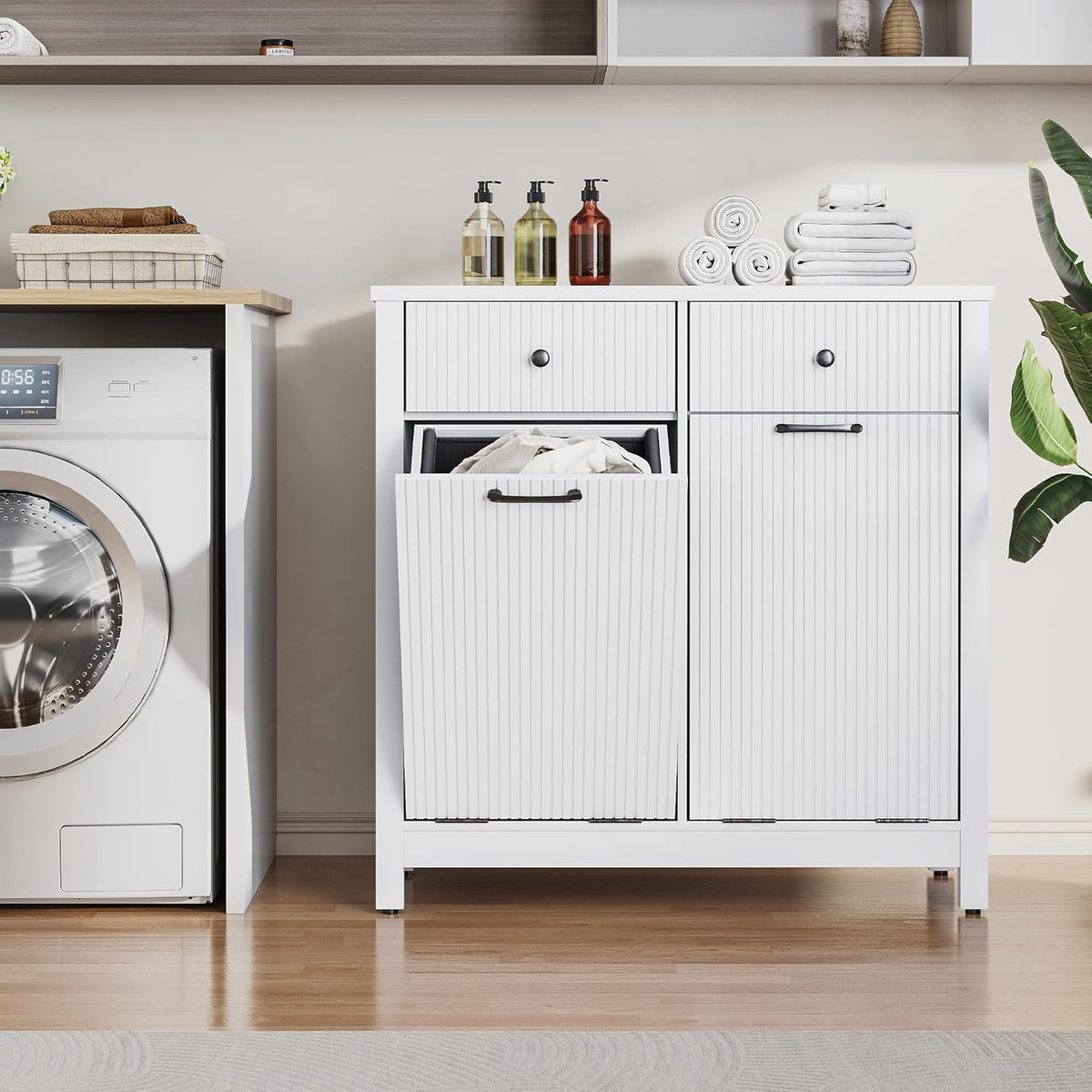 Airynee Double Tilt-Out Laundry Hamper Cabinet with 2 Drawers, 20 Gallon Fluted Trash Can Cabinet with Laundry Basket, Hidden Wood Garbage Can Bin Cabinets for Bathroom & Kitchen, White