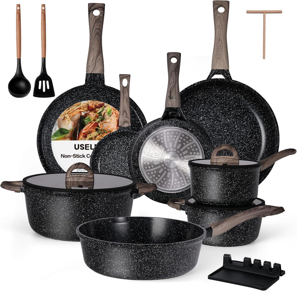 USELUCK Ceramic Cookware Set 22 Piece Nonstick Pots and Pans Set Non Stick Kitchen Cooking Sets 8"Frying Pans with Lid,Black Granite Non-Toxic Induction Kitchen Cookware w/Glass Lids PFOS/PFOA-Free
