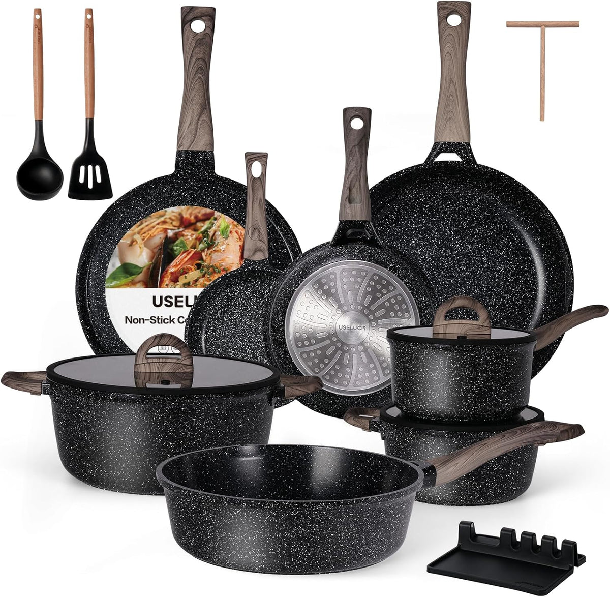 USELUCK Ceramic Cookware Set 22 Piece Nonstick Pots and Pans Set Non Stick Kitchen Cooking Sets 8"Frying Pans with Lid,Black Granite Non-Toxic Induction Kitchen Cookware w/Glass Lids PFOS/PFOA-Free
