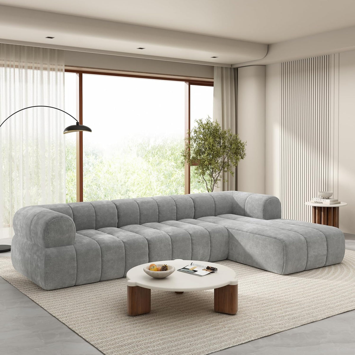 Christopher Knight Home Mania 122" Modular L-Shape Sofa Couch with Chaise Lounge, Modern Sectional Sofa Set for Living Room, Boucle Fabric Upholstered Cloud Couch with Deep Seat, Gray