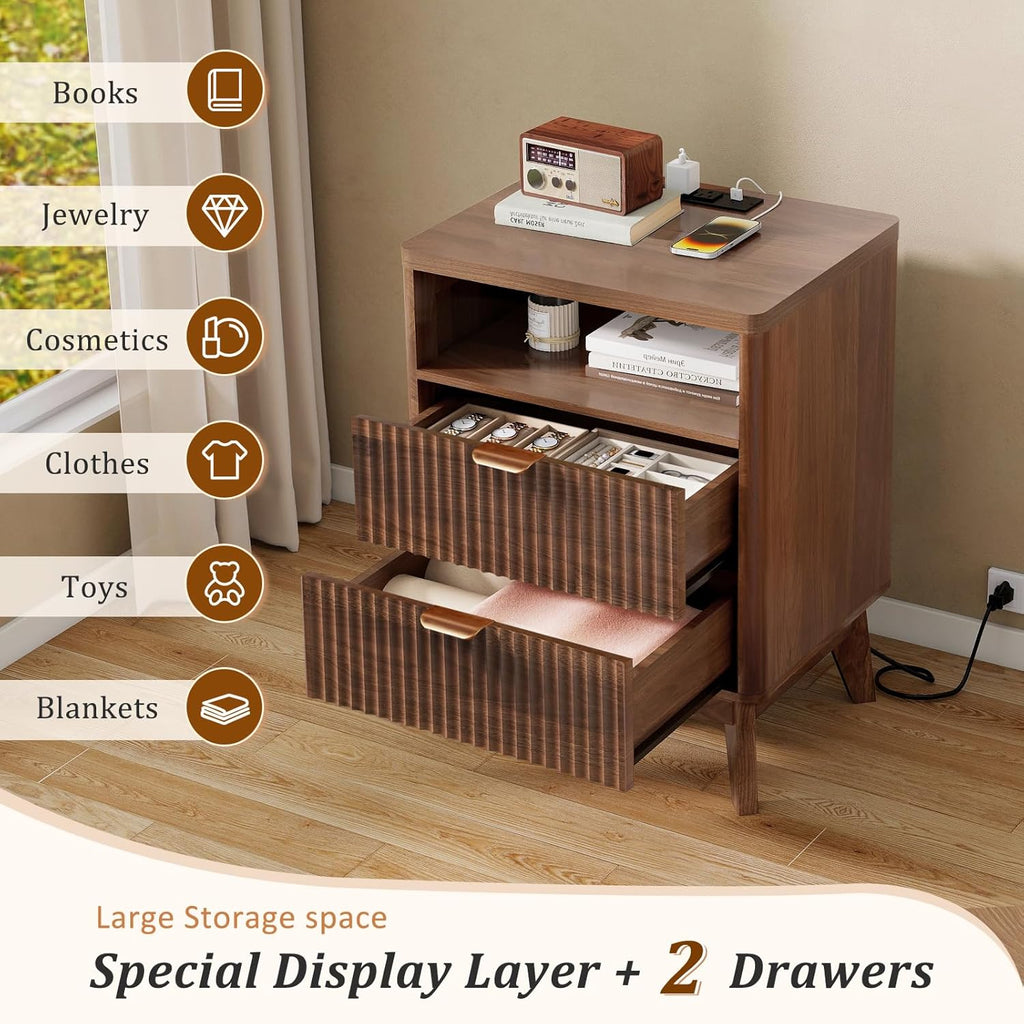 LYNCOHOME Fluted Nightstand with Charging Station, 19.7 inch Wide End Table with 2 Drawers, Modern Wood Bedside Table for Bedroom,Brown,1 Pcs