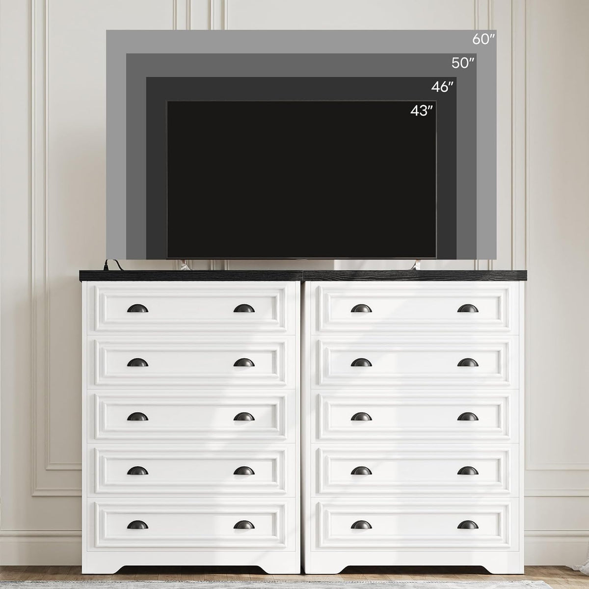 LIKIMIO 5-Drawer 43" Tall Dresser with Built-in Charging Station - Farmhouse Style Bedroom Storage Cabinet, Black &White
