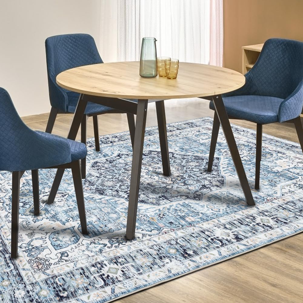 Area Rug 8×10, Large Vintage Boho Rug,Ultra-Soft Low Pile, Washable, Non Slip,Stain Resistant, Printed Carpet for Living Room Bedrooms Playroom Office Kitchen, Light Blue