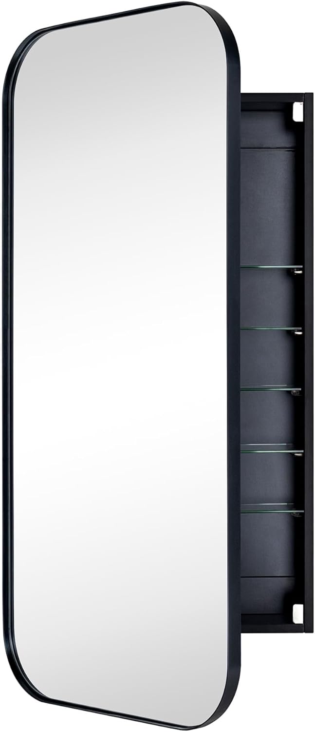 TEHOME Black Rectangle Long Bathroom Medicine Cabinet with Mirror Matt Black Recessed and Surface Mount Stainless Steel Metal Framed Rounded Rectangular Bathroom Cabinet with Mirror 20x40''