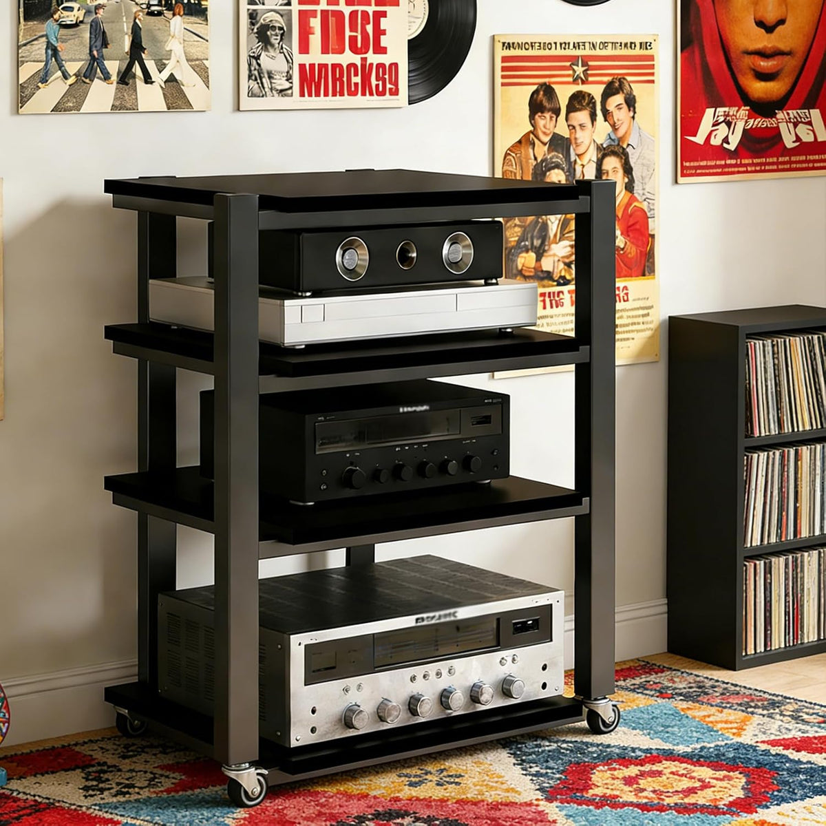 Heavy Duty Audio Component Rack, Wheels with 360° Brakes Av Media Stand, Black Cd Stereo Equipment Cabinet, Suitable for Home,Office/Audio Video/Theate(Black, 4 Tier)