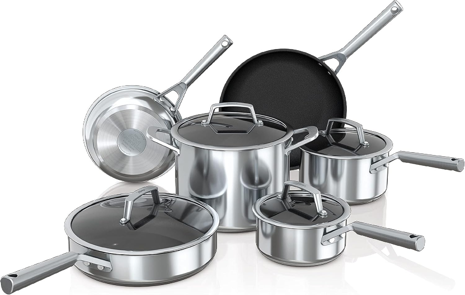 Ninja C69500 Foodi NeverStick Stainless 10-Piece Cookware Set with Glass Lids, Polished Stainless-Steel Exterior, Nonstick, Durable & Oven Safe to 500°F, Silver