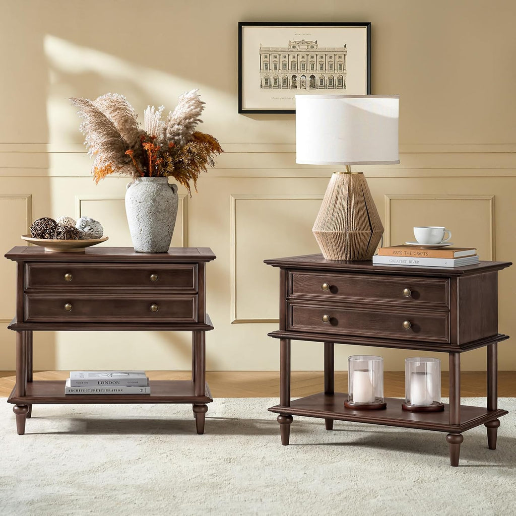 HULALA HOME Farmhouse Nightstand Set of 2 with Drawer & Open Shelf, Natural Wood End Table with Solid Wood Legs, 28.4'' Wide Sofa Side Table with Charging Station(Walnut)