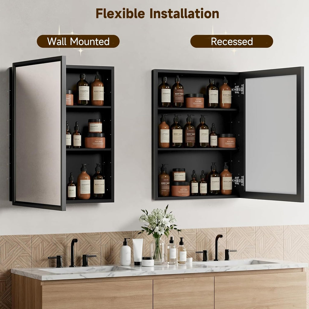 14"x24"Black Medicine Cabinets for Bathroom with Mirror, Aluminum Alloy Framed Mirror, Recessed(12.85"x22.85")or Surface Wall-Mounted(14"x24") Metal Bathroom Vanity Mirror with Storage Cabinet