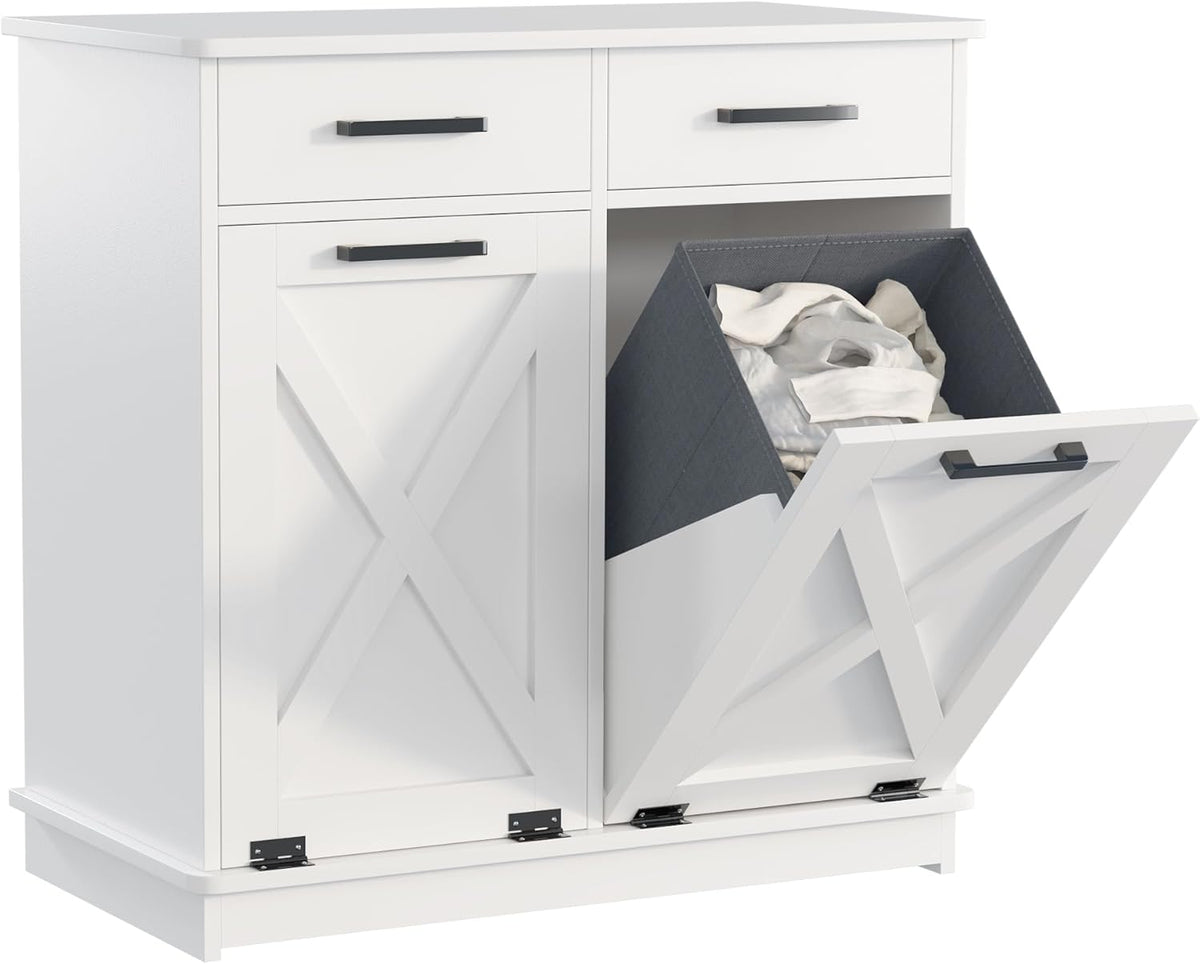 White Double Tilt Out Laundry Hamper Cabinet Laundry Basket Cabinet Hidden Laundry Hamper with 2 Drawers & 2 Baskets for Bathroom,30x30x16in（Barn Door Panel）