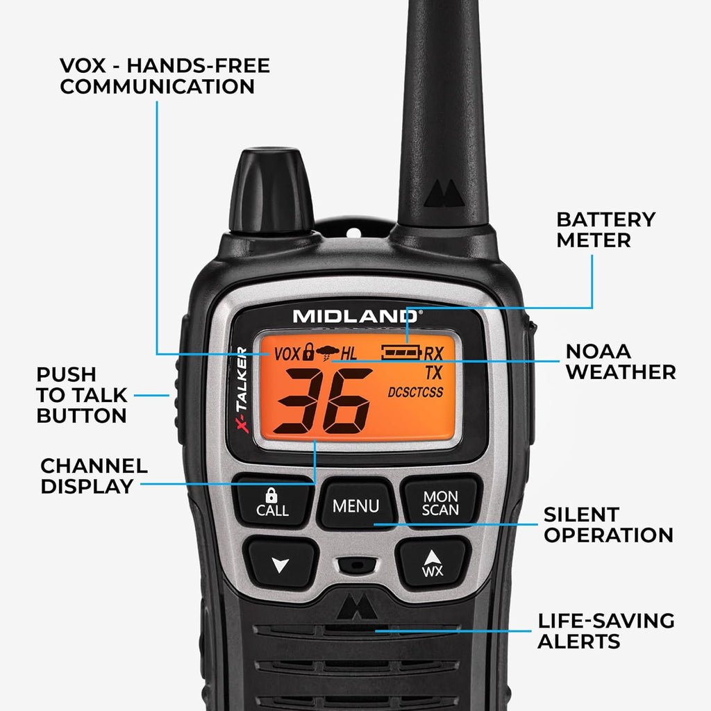 Midland T77VP5 X-TALKER Long Range Walkie-Talkie FRS Two-Way Radio for Camping Overlanding NOAA Weather Scan + Alert, 121 Privacy Codes - Includes Carrying Case & Headset Black/Silver, 2 Radio Bundle