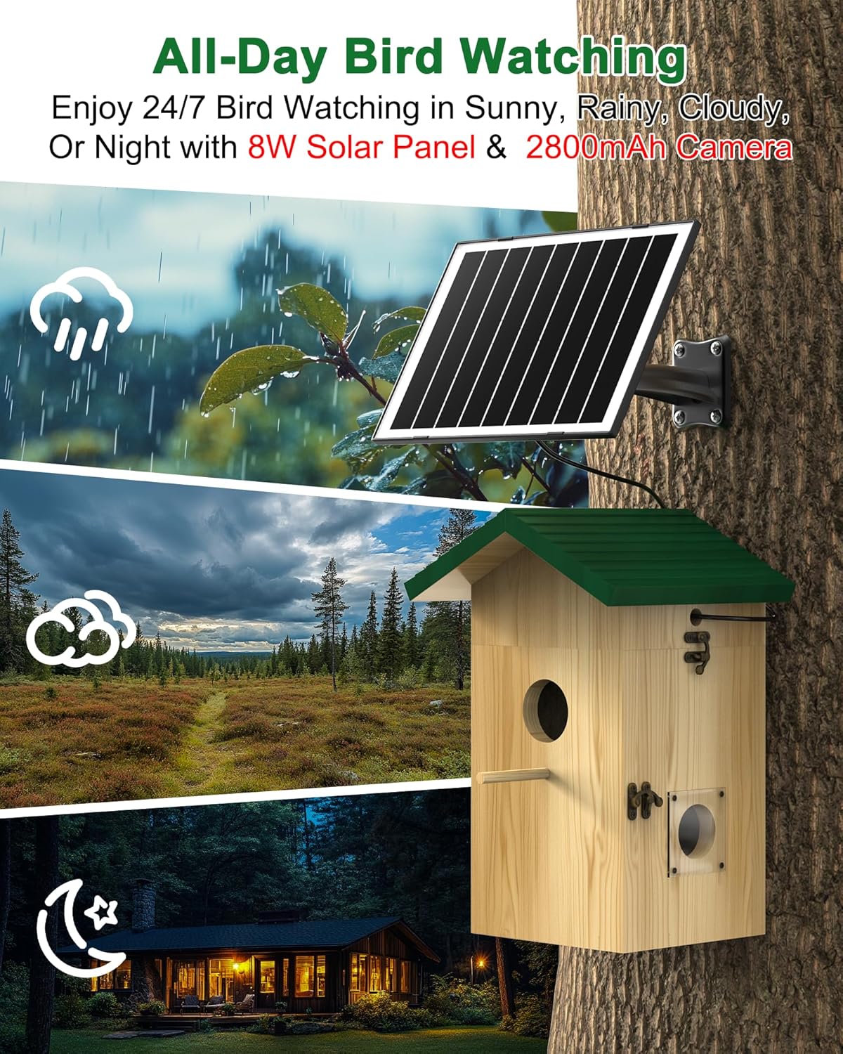 KinetCam Bird House with Camera Solar Powered, 2K HD Wi-Fi Bird Watching Cam for Birdhouse, Auto Detect & Notify, Night Vision, APP Control, Wooden Birdhouse with Camera Inside