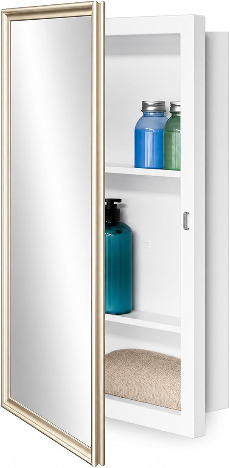 Fundin 16 x 26 White Metal Mirror Cabinet for Bathroom, Gold Beveled Frame Mirror, Recessed or Surface Mount Medicine Cabinet with Adjustable Shelves and Piano Hinge