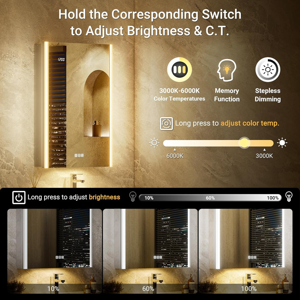 Lighted Medicine Cabinet Mirror with Lights & Smart Night Lamp -20x26 Surface or Recessed Medicine Cabinet Mirror with Outlet & Clock,Fogless Dimmable LED Storage Mirror,Built-in Sensor Light