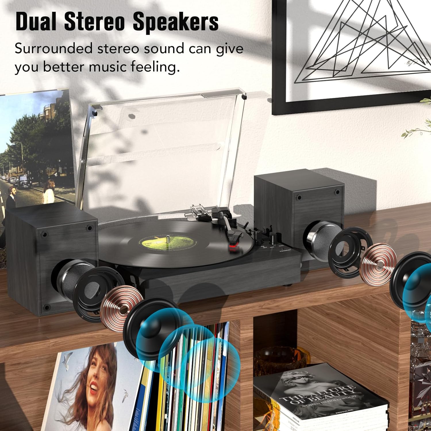 Vinyl Record Player with Two Stereo Speakers, Bluetooth Playback Turntable with 3 Speed AUX Headphone Input and RCA Out, Retro Black