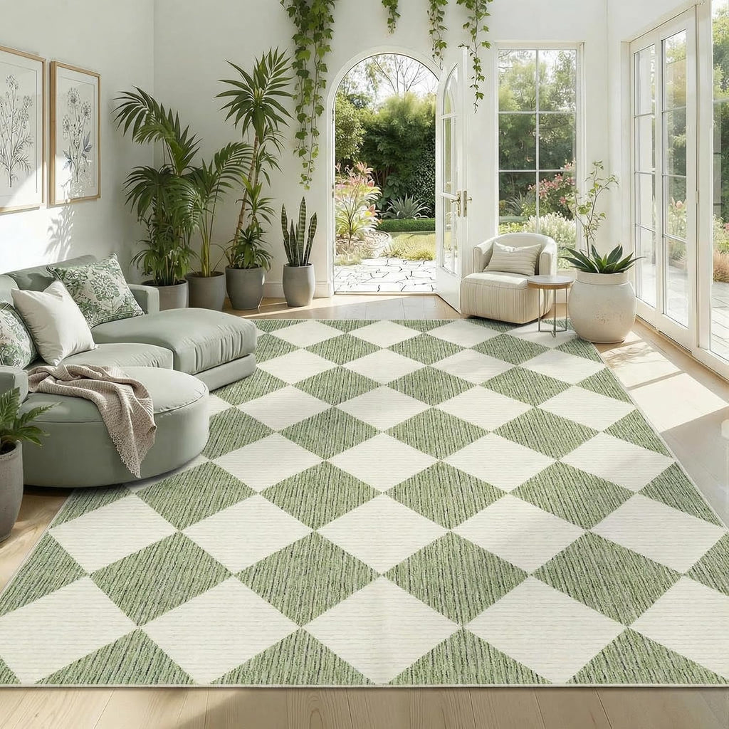 GarveeHome Sage Green Area Rugs 8x10 for Living Room, Checkered Large Washable Rug Soft Non Slip Backing Floor Mat Carpet Indoor Thin Rug for Bedroom Dining Room Playroom Nursery Home Decor