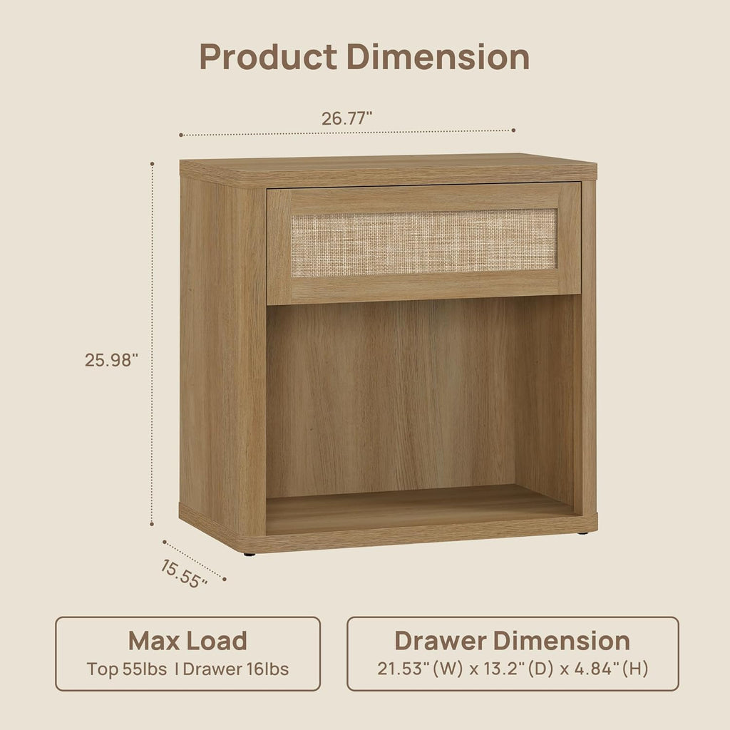 SICOTAS Night Stand Set of 2 26" Wide Large Nightstands with Drawer & Shelf Storage Rattan Bedside Table Boho End Table Tall Bed Side Tables Night Stands for Bedroom Living Room Sofa Office, Amber Oak