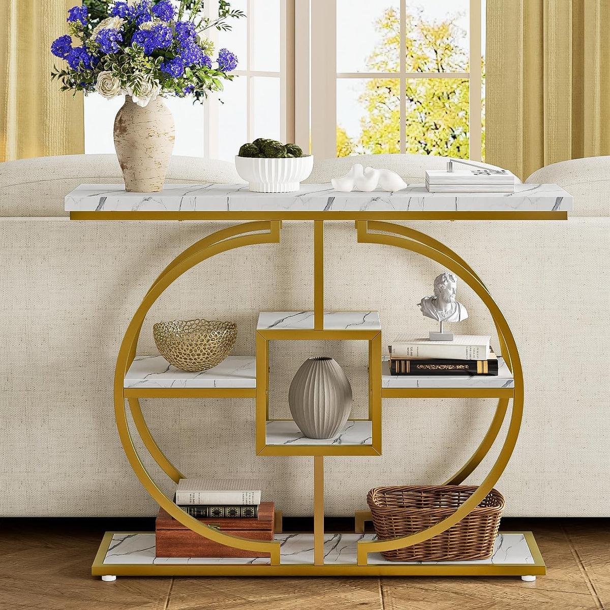 GiftGo Narrow Console Table for Entryway Industrial 4-Tier Sofa Table Behind Couch with Circle Base Rustic Wooden Accent Tables with Storage Shelves for Living Room, Hallway, Foyer (Gold and White)