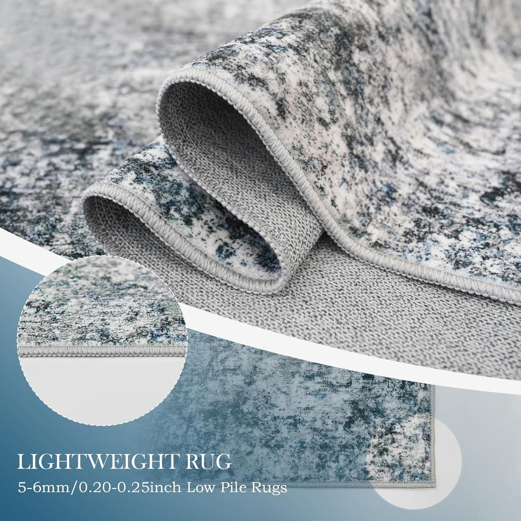Abstract 10x14 Washable Rug: Modern Non Slip Area Rug Soft Carpet Foldable Distressed Stain Resistant Neutral Rugs for Living Room Bedroom Decor Large Indoor Farmhouse Rug 10'x14' Blue Gray