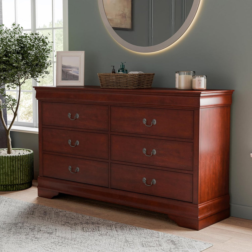 Furniture of America Arabella Traditional 6-Drawer Double Dresser with Antique Nickle Handles and Bracket Style Feet, No Assembly, Freestanding Storage Cabinetfor Bedroom, Living Room, Cherry