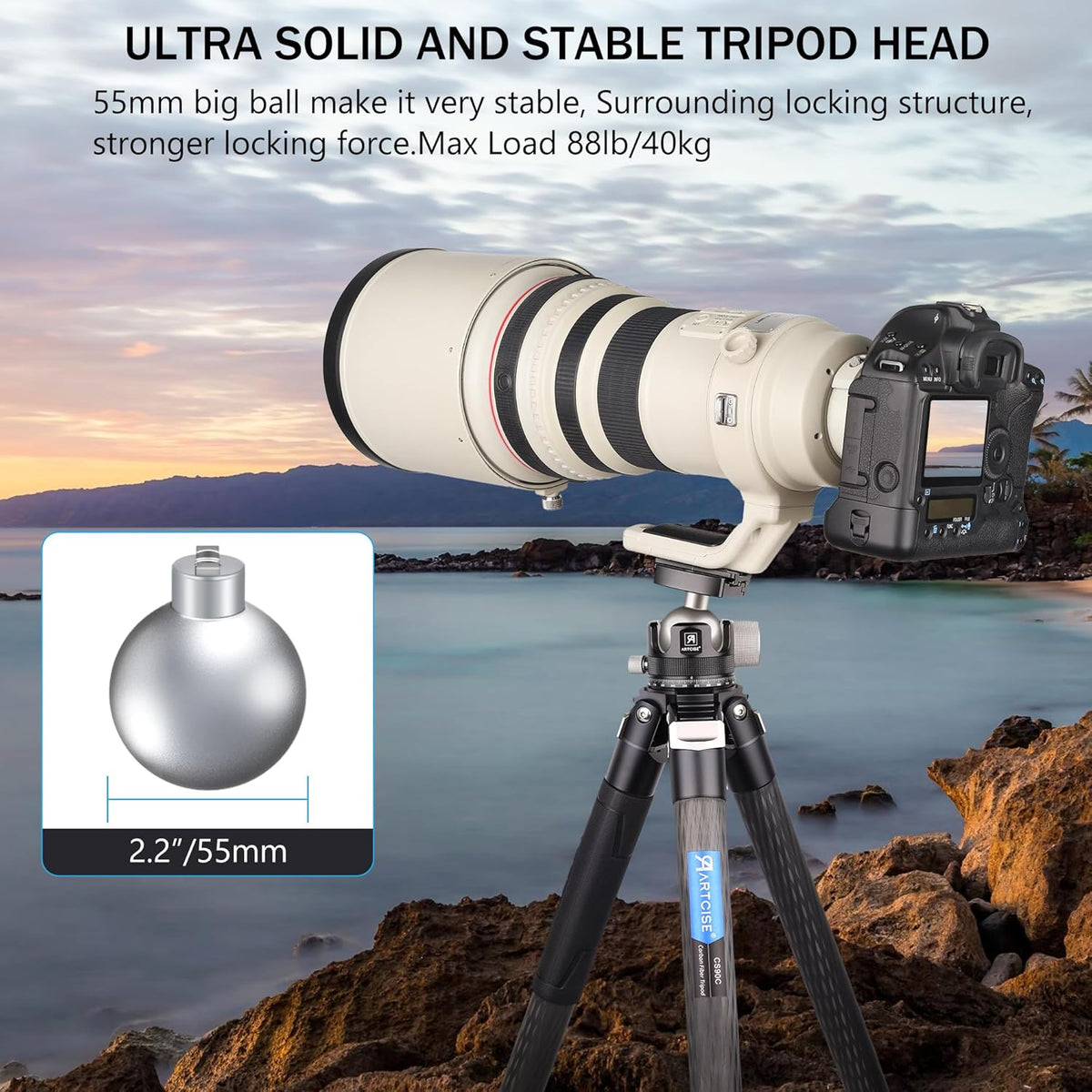 55mm Low Profile Ball Head Tripod Ball Head ARTCISE KB55 Heavy Duty Tripod Head All Metal CNC Machining with Three 1/4" Quick Release Plates for Tripod, Monopod, DSLR, Camcorder, Max Load 88lbs /40kg