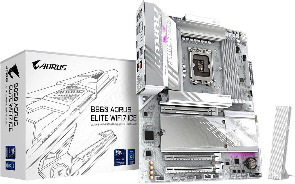 GIGABYTE B860 AORUS Elite WIFI7 ICE Intel Core Ultra (Series 2) LGA 1851 Motherboard, ATX, DDR5, 3X M.2, PCIe 5.0, USB-C, WIFI7, 2.5GbE LAN, EZ-Latch