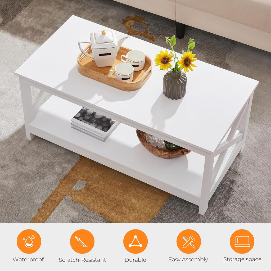 Yaheetech 3 Piece Living Room Wood Table Set, X-Design Coffee Table with Shelf & 2 x 3-Tier End Side Tables Storage Cabinet for Living Room, Accent Furniture, White