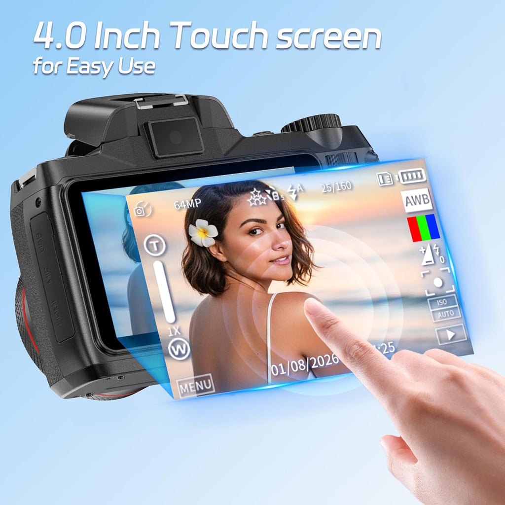 Dsoon Digital Camera,4K 64MP Cameras for Photography with 4”0 Touch Screen,18X Digital Zoom Autofocus Photography Shoot Camera with Dual-Lens,2 Batteries,64GB TF Card,Lens Hood