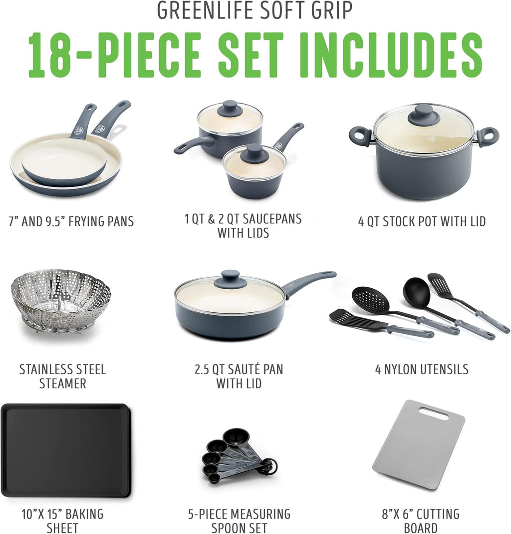 GreenLife Soft Grip Healthy Ceramic Nonstick 18 Piece Kitchen Cookware Pots and Frying Sauce Saute Pans Set, PFAS-Free with Kitchen Utensils and Lid, Dishwasher Safe, Gray