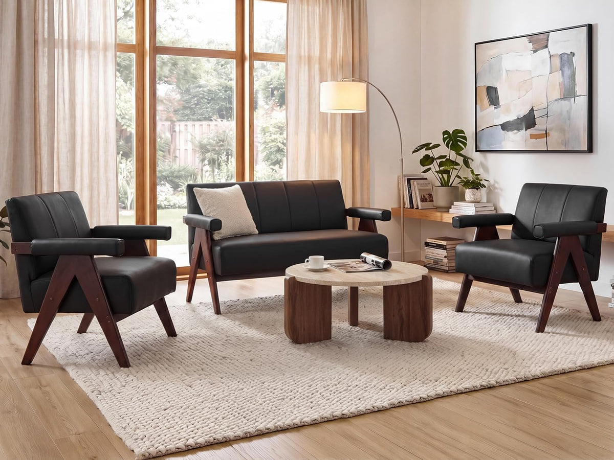 STHOUYN Black Leather Loveseat Sofa and Accent Chairs Set of 2, Mid-Century Modern Office Furniture Couch and Chair Set, Small Love Seat Couches with Wood Arm, 3 Pieces Living Room Furniture Sets (3)