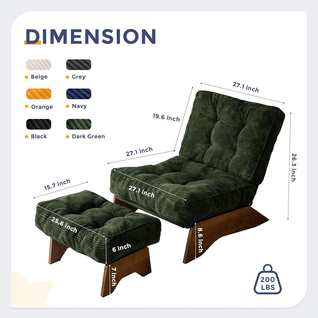 MAXYOYO Accent Chair with Ottoman Adjustable Backrest, Tufted Living Room Chair Upholstered Lounge Chair with Footrest Set, Modern Chair Cozy Reclining Chair for Reading Room, Green