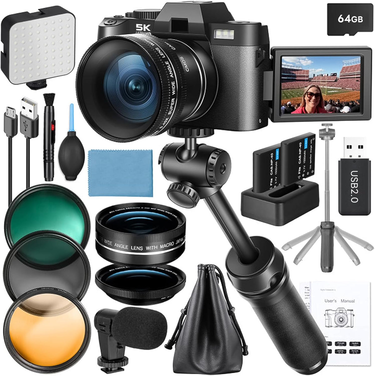 G-Anica 5K 64MP Digital Camera for Photography, Vlogging WiFi Point and Shoot Camera with 180 Flip Screen, 16X Zoom All-in-One Camera Kit for Beginners & Teens, with 64GB Card, Microphone, Filter Trio