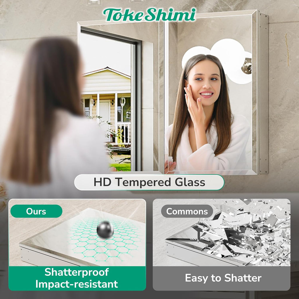 TokeShimi 20 x 28 Medicine Cabinet for Bathroom, Silver Recessed Medicine Cabinet with Tempered Beveled Mirror, Stepless Adjustable Shelves, DTC Hinge, Recessed/Wall Mounted