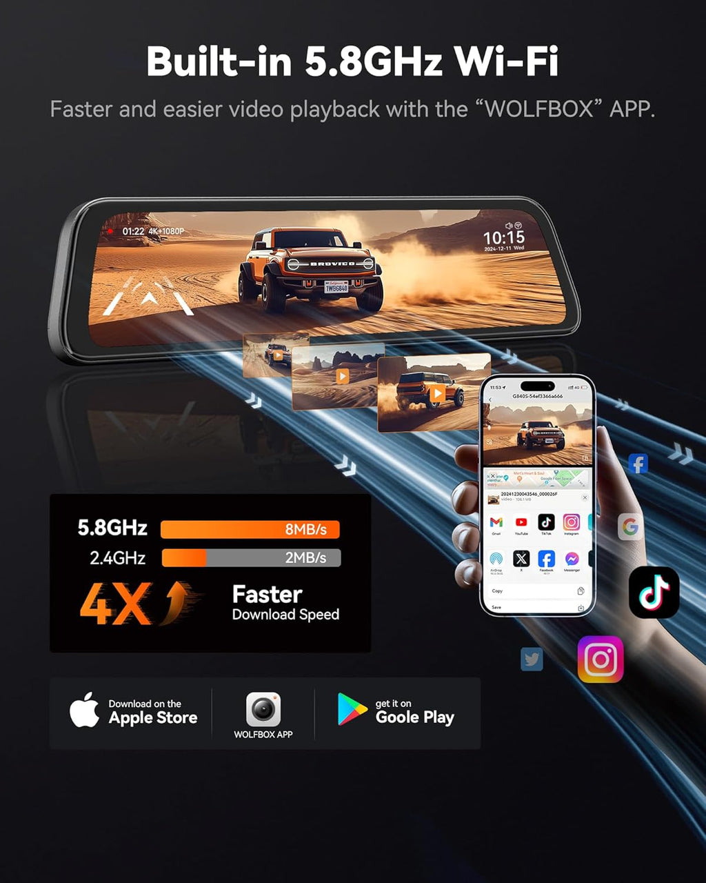 WOLFBOX G840S 12" 4K Mirror Dash Cam Backup Camera, 5.8GHz WiFi Smart Rearview Mirror for Cars & Trucks, Front and Rear View Dual Cameras, Night Vision, Parking Assistance, Included 32GB Card & GPS