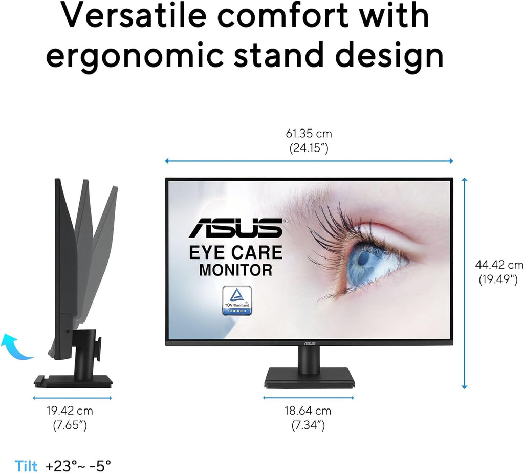 ASUS 27” 1440P Eye Care Monitor (VA27AQ) - IPS, QHD (2560 x 1440), 99% sRGB, Frameless, HDMI, DisplayPort, VGA, 1ms, Speakers,Low Blue Light, Flicker Free, VESA Wall Mountable, 3 yr Warranty