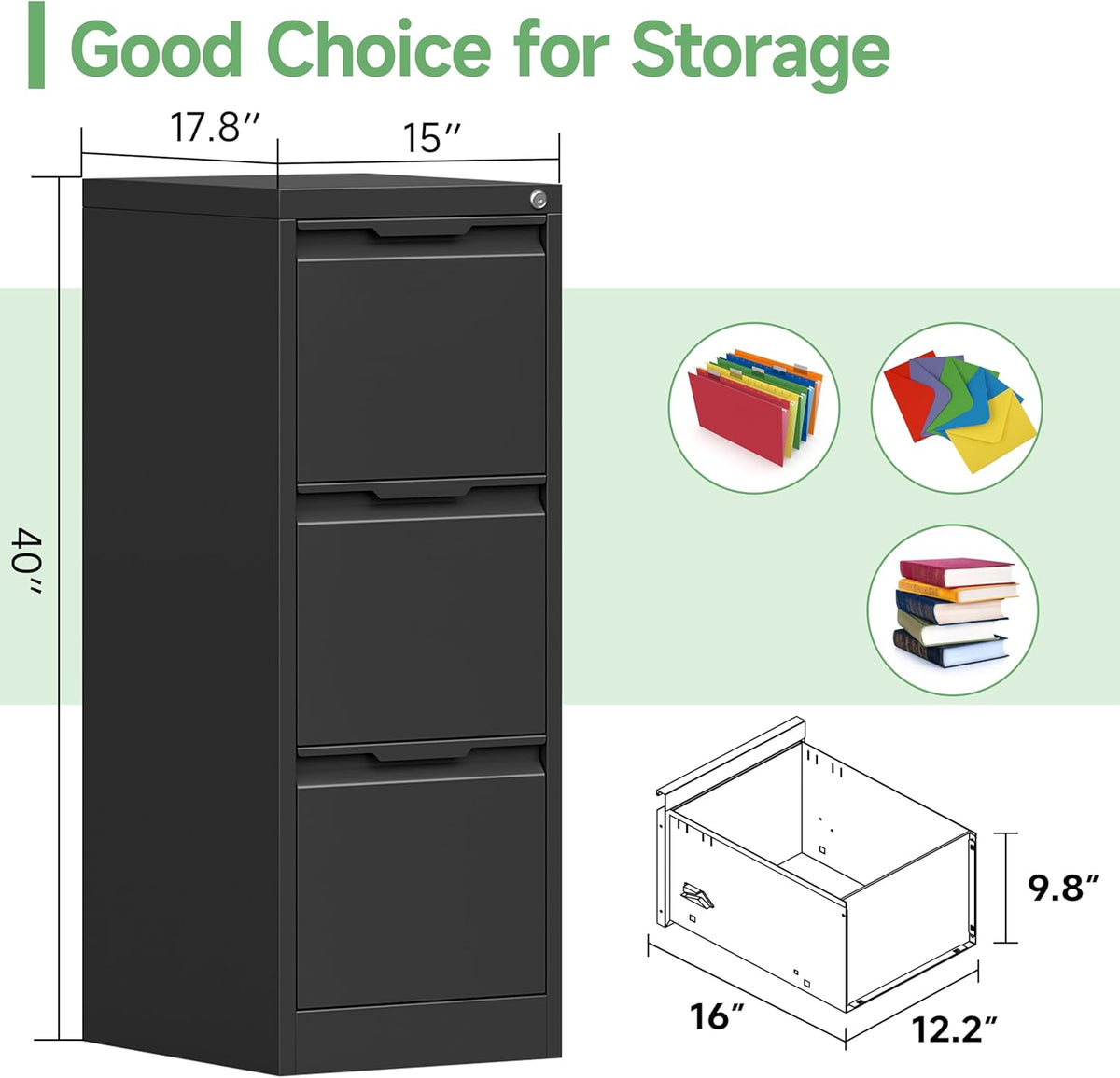 3 Drawer File Cabinets for Home Office,File Cabinet with Lock, Metal Filing Cabinet for A4/Letter/Legal Size Folder, Assembly Required,Black