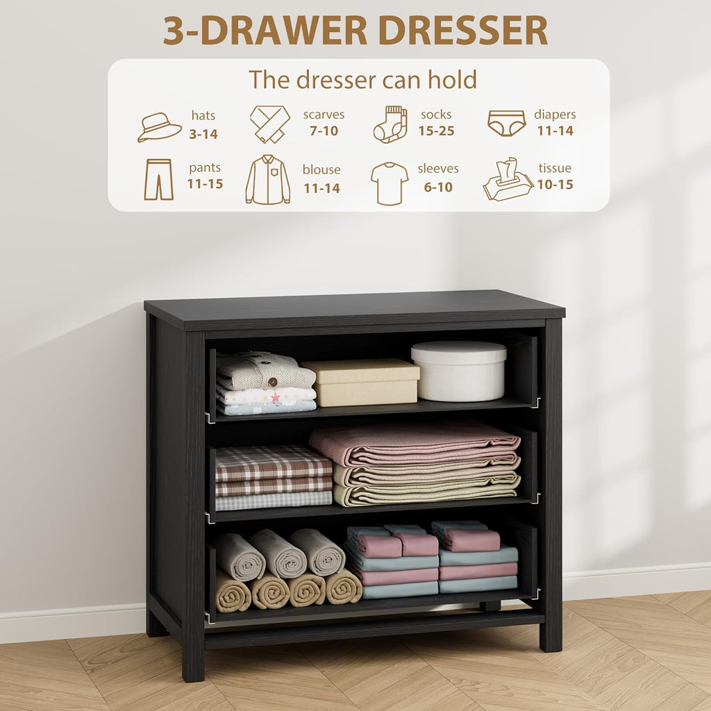IDEALHOUSE 3 Drawer Dresser for Bedroom, 29" Tall Chest of Drawers, Wood Dresser for Closet, Clothes Storage Cabinet & Drawer Organizer for Living Room, Hallway, Entryway, Black