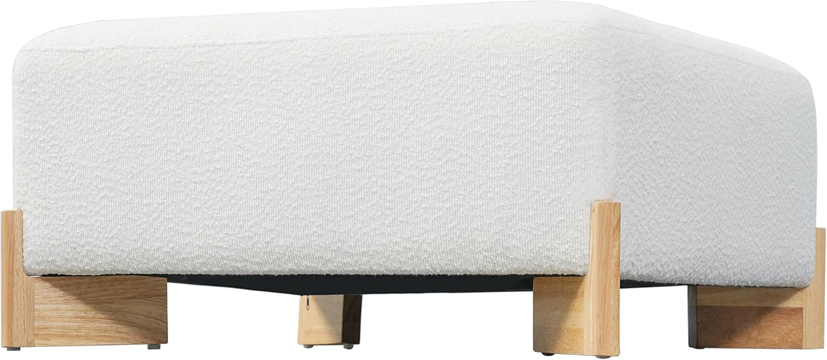 PU Leather Large Square Ottoman with Solid Wooden Legs, 30.5" Faux Leather Coffee Table for Living Room, Ivory