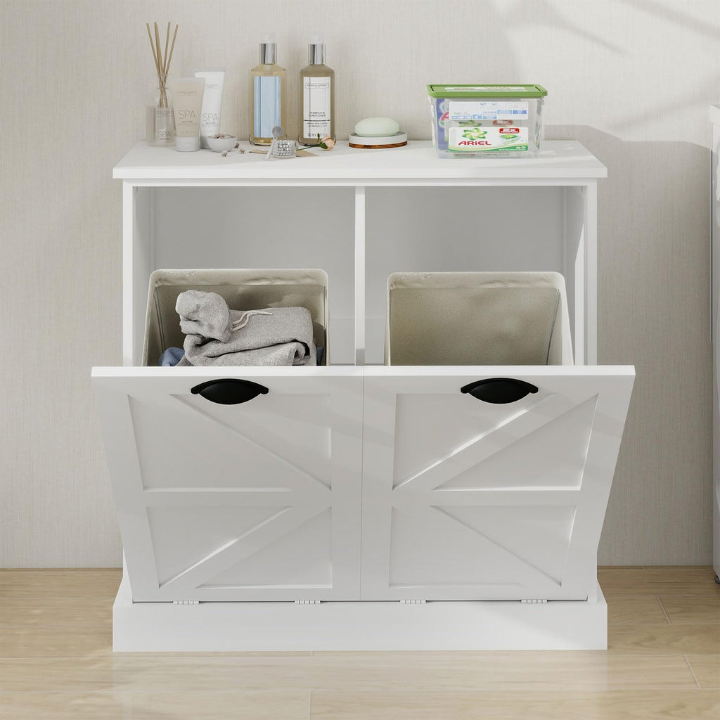 Bathroom Laundry Cabinet with 2 Baskets, Double Tilt Out Laundry Hamper Cabinet with Hidden Laundry Hampers, Freestanding Wooden Storage for Bathroom, Laundry Room, Kitchen