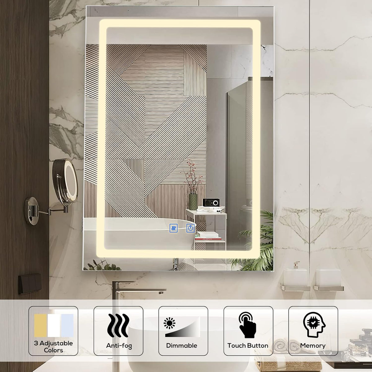VOWNER Anti-Fog Lighted Bathroom Medicine Mirror Cabinet, Medicine Cabinet with Mirror and Lights, Dimmable, Adjustable Shelves, Memory 3-Color Mode(Engineered Wood, 24"×32")